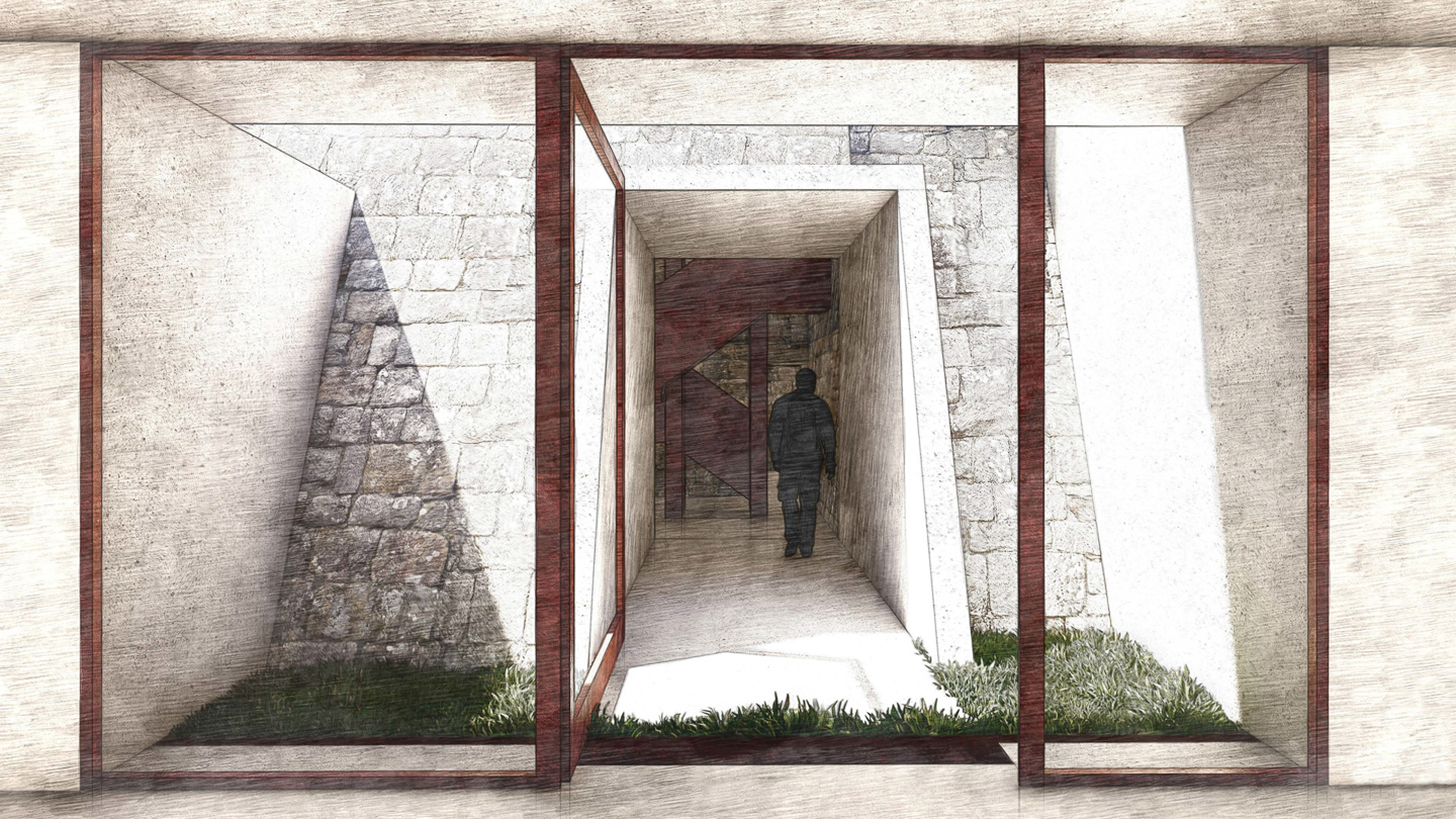 Perspective sur l'accès à l'escalier de la tour depuis le musée