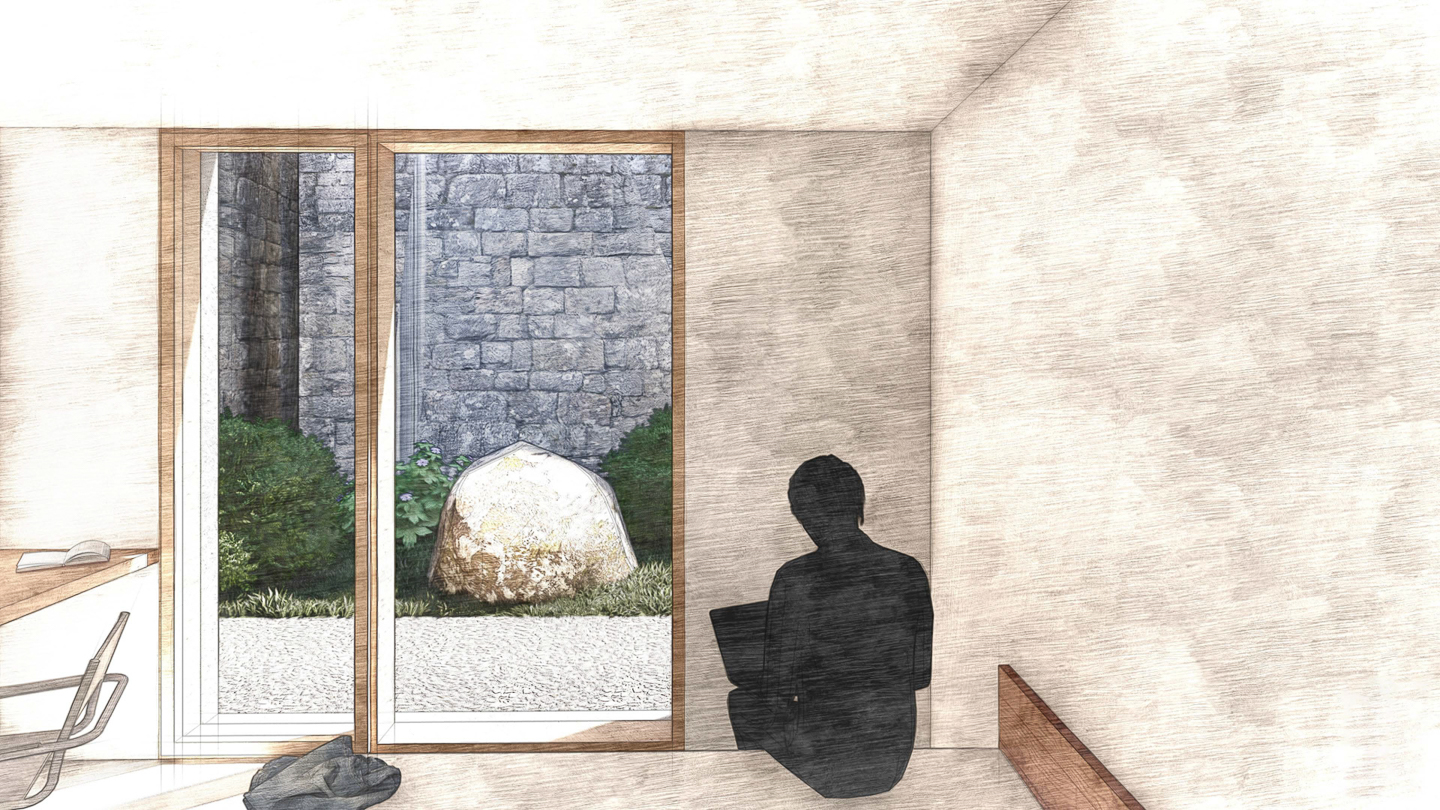 Perspective sur le patio extérieur d'une chambre d'enfant de la maison du conservateur